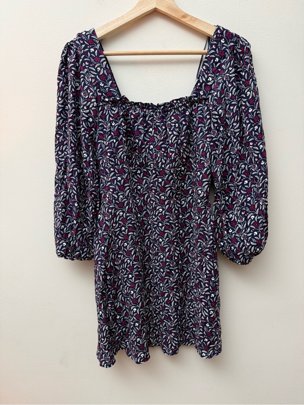 Floral Square-Neck Mini Dress in Navy with Pink Accents
